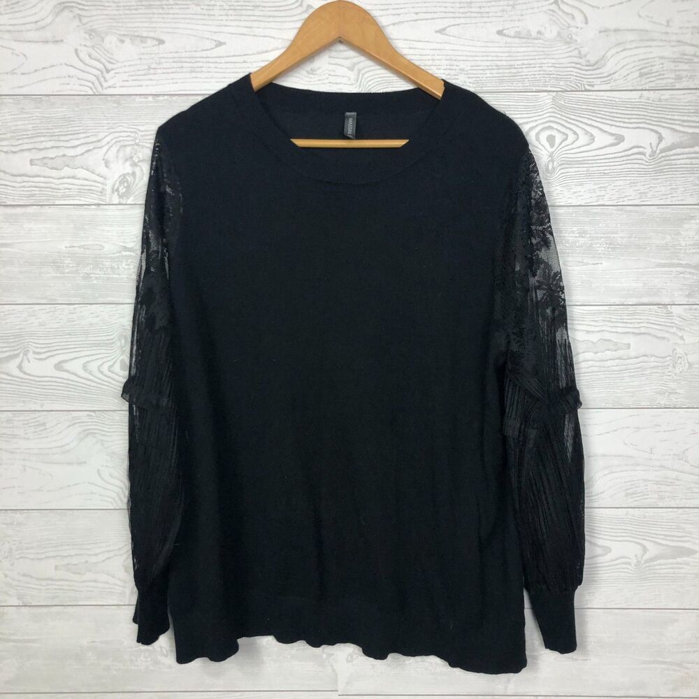 Massini Women's 2X Scoop Neck Top Sheer Long Sleeves Solid Black Blouse